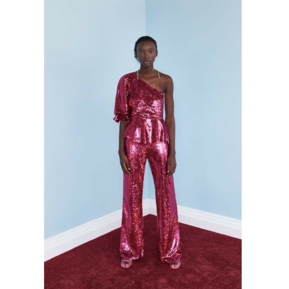 Zara Sequined Asymmetric Peplum Top Puff Sleeve Pink Size XS NEW - Picture 8 of 8